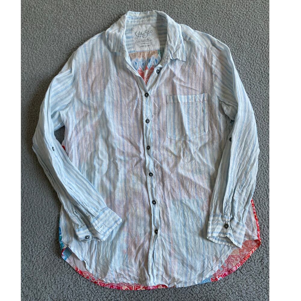 Kyla Seo Button Top Medium Handmade Linen Oversize Long Sleeve Stripe Beach Boho